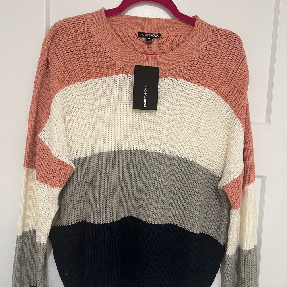 Fashion Nova Women's Striped Sweater - Coral, Cream, Gray, Black
